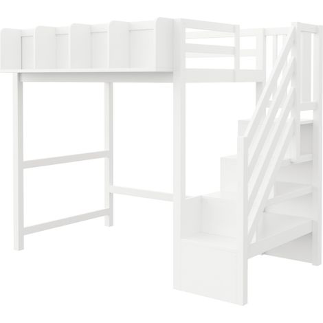 Cama alta multifunción 90 x 200 cm con estantes, LED y escalera, blanca (1/5)