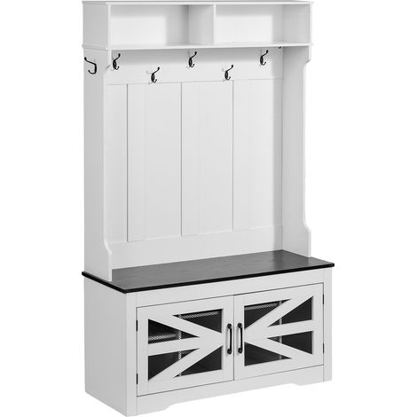 Porte-Manteau en Bois, Meuble d’Entrée avec Banc et Rangement pour Chaussures, Support Manteau sur Pied, Vestiaire avec Étagères Réglables, 7 Crochets et Bande Lumineuse USB, pour Couloir, Blanc (1/5)