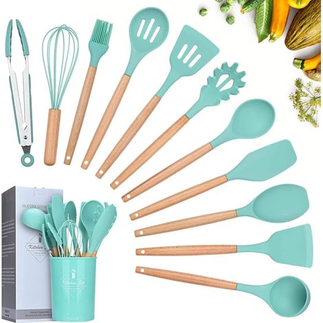 Kit Ustensiles Cuisine - 12 Pièces - Silicone Et Bois - Antiadhésif - Avec Support - Vert (1/5)