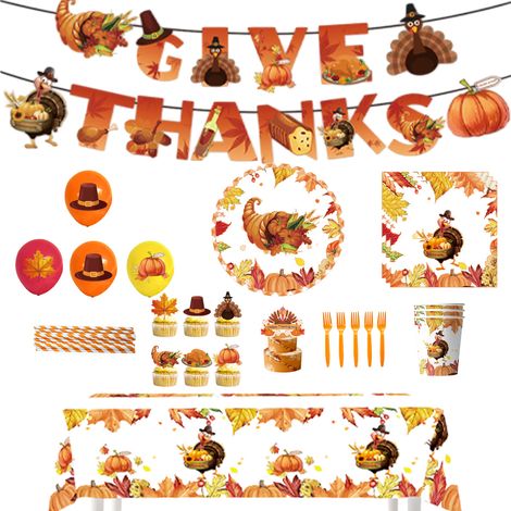 1 set accessoire de fête d'automne, vaisselle jetable Thanksgiving, assiettes, gobelets, serviettes, nappe et bannière 'Merci' (1/5)