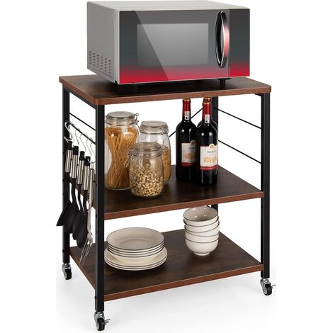 COSTWAY Estante para Pastelería con 3 Niveles, Carrito de Cocina con 10 Ganchos Removibles, Estante Estructura de Metal con Ruedas Bloqueables