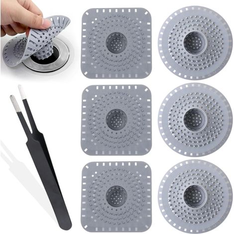 6 pièces filtre silicone universel pour douche, baignoire et cuisine, anti-poils et anti-odeurs, gris. (1/5)