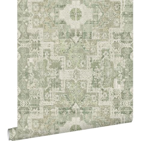 papier peint tapis patchwork kilim oriental vert grisé - ESTAhome (1/5)