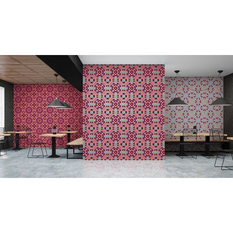 Papier peint panoramique graphique rose | Tapisserie panoramique mandala effet mosaïque| Papier peint panoramique original 3D pour escalier - 270 x 400 cm (4 pièces) (1/5)