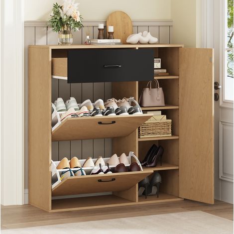 Scarpiera 100x35x106 cm per ingresso, 1 cassetto, 2 ante a ribalta, 1 anta, MDF naturale e nero (1/5)