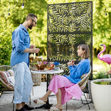 Panneau occultant acier noir 122x198 cm avec support, séparateur de pièce motif feuille de saule, cloison pour jardin terrasse (1/4)