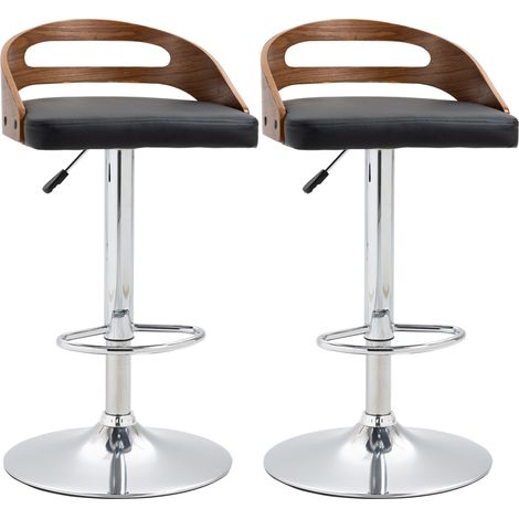 Lot de 2 tabourets de bar design moderne, hauteur ajustable, pivotant 360°, revêtement simili cuir noir, dossier ajouré effet bois. (1/5)