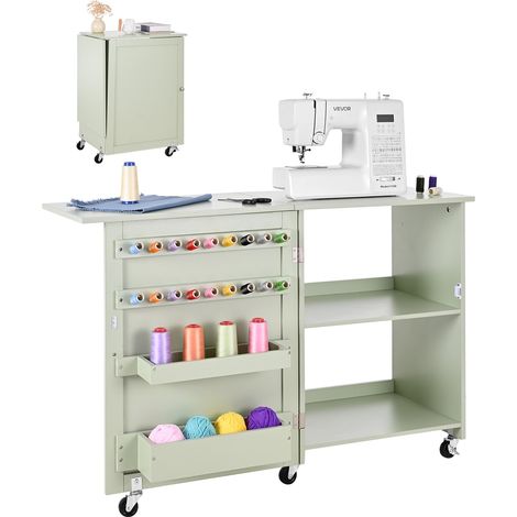 Table de couture pliante, table pour machine à coudre polyvalente pour maison avec design compact, roulettes, chevilles en bois, plateaux de rangement et étagère, serrure magnétique, vert clair (1/5)