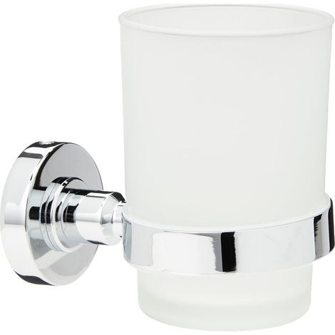 Gobelet Verre à dent Porte Brosse à dent pour Salle de Bain Rond Fixation Mur Finition Blanc et Chrome A9120AA (1/4)