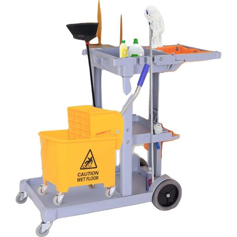 Carro de limpieza, fabricado en plástico resistente, dimensiones 45 x 25 x 80 cm, capacidad de 100 litros, apto para diversos productos de limpieza, 3 bandejas para organización. (1/5)