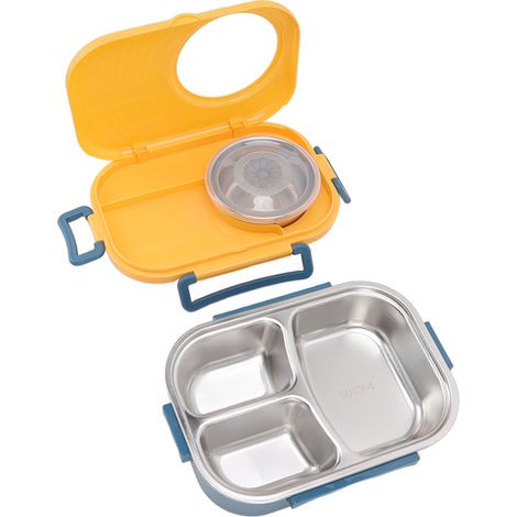 Boîte à bento 1450 ml en acier inoxydable, compartiments isothermes, double couche, jaune, idéale pour les étudiants. (1/5)