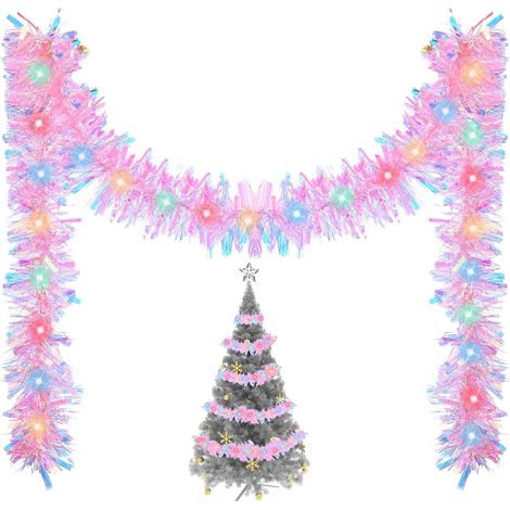 Kingdder 16.4 ft Christmas Lighted Garland Tree Decoration Prelit Tinsel Garland Battery Operated 50 LED Christmas Garland Multicolor Garland for Xmas Home Outdoor Decor(Multicolor, Pink) (1/5)