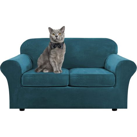 Soft and stretchy velvet sofa cover with separate cushion covers for 1, 2 or 3 seater sofas with anti-slip strap for living room, bedroom (blue 2, 2 seater) (1/5)