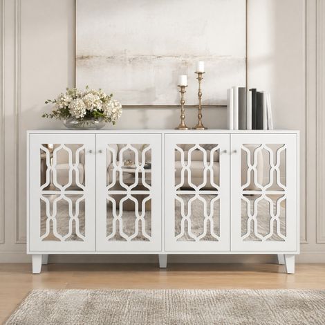 Buffet enfilade 4 portes avec étagère amovible, effet miroir, blanc, 160 x 40 x 84 cm HAVRYA (1/5)