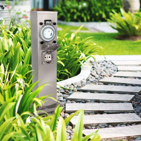 Garten Steckdosensäule für außen - Farbe: Edelstahl - Ausführung: 3 Steckdosen mit Zeitschaltuhr/Timer (1/5)