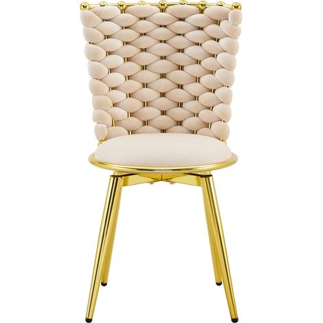 Set 2 sedie da pranzo in velluto beige con schienale intrecciato e gambe in metallo oro (1/5)