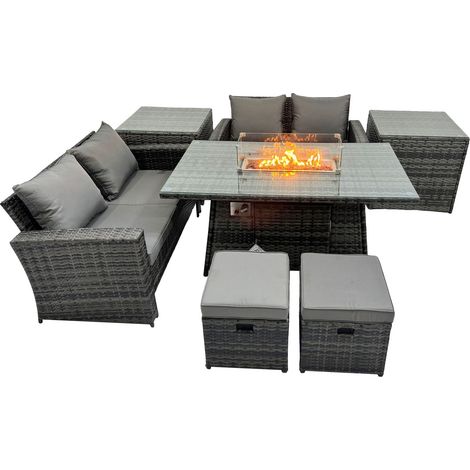 Fimous Outdoor Love Sofa Set 6 Seat Rattan Garden Furniture Set with Gas Firpit Dining Table 2 Side Table Dark Grey Mixed (1/5)