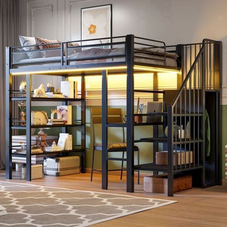 Lit Mezzanine Avec Bureau 90x200cm LED et Prise - Lit Mezzanine - Étagères, Armoire, Échelle Réversible, Métal Noir (1/5)