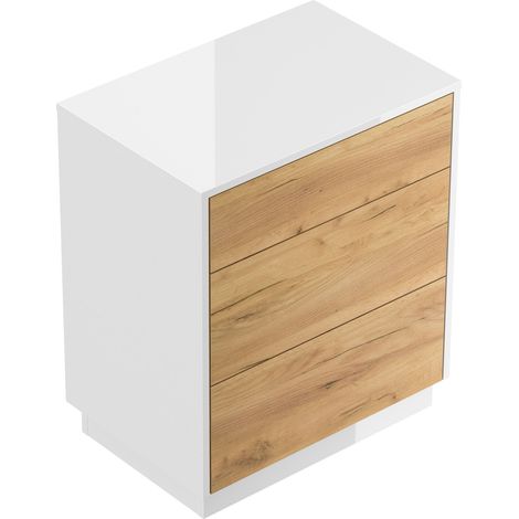 Design Nachttisch Lux L 60cm stehend, 3 Pushauszüge Weiß Hgl Eiche