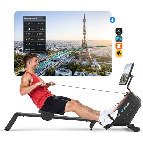 Rameur d'appartement Électromagnétique,16 Niveaux, Écran HD 21,5", Bluetooth, Pliable, Charge 158 kg, Compatible Applications Fitness, MERACH