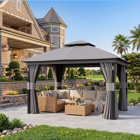 Modern Shade Pavillon 3,3x4m Metallrahmen Wasserdicht Stabil Pop Up Faltpavillon mit 4 LED-Lichter & Doppeldach Tragetasche,Grau (1/5)