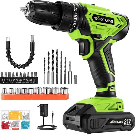 Perceuse-visseuse sans fil 21 V, 40 Nm couple max. sur 19 niveaux, perceuse sans fil avec 2 vitesses pour perçage + vis, électronique de vitesse, lumière LED, vert (1/5)