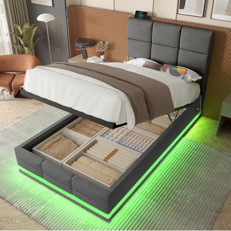 lit coffre 90x200 avec LED et USB en velours gris OKMYHOME (1/5)