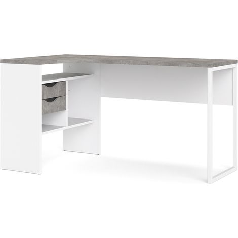 Plus Schreibtisch Eckschreibtisch mit 3 Regalen und 2 Schubladen, weiß / Beton Dekor.