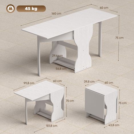 Table de salle à manger pliante, table de cuisine avec rangement pour 2 à 4 personnes, table pliante idéale pour les petits espaces, salle à manger, 160 x 60 x 75 cm, blanche (1/5)