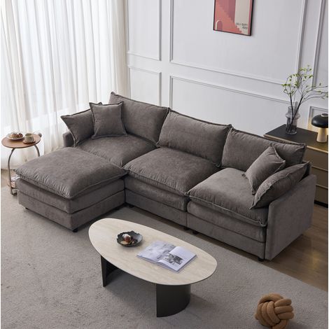 Sofá chaise longue modular de 3 plazas con taburete, chenilla gris HAVRYA (1/5)