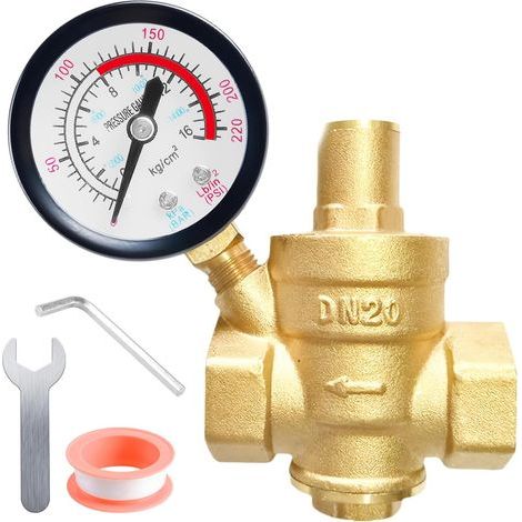 DN20 Réducteur de pression d'eau: 3/4 pouces laiton réducteur de pression d'eau avec manomètre et outils de réglage, 1,6 MPa régulateur de pression en laiton, manomètre de pression d'eau pour (1/5)