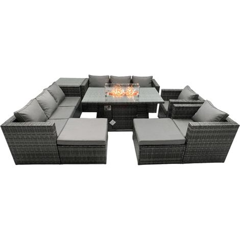 Fimous Rattan Garden Furniture Firepit Dining Set 10 Seater Lounge Sofa Table Set with side table 2 big Footstool (1/5)