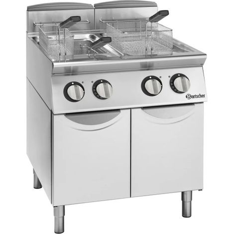 Friteuse inox double électrique PRO 2 x 21 Litres, 3 paniers, sur soubassement 2 portes pleines, 39 000 W, 400 V - TRI