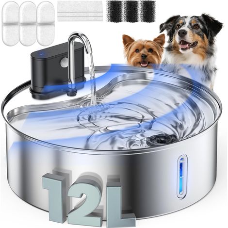Fontaine à eau sans fil pour grands chiens, abreuvoir en acier inoxydable de 12 L avec capteur, pompe silencieuse et distributeur d'eau automatique sans BPA pour chats et chiens