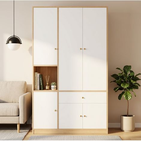 MODFU – Armadio 120x50x200 cm in MDF/truciolato con 3 ante, 2 appendiabiti, 1 cassetto, 7 scomparti e carico 30/20 kg – Bianco/legno (1/5)