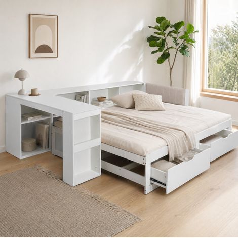 Letto singolo estraibile 90x200 cm con scrivania e 2 cassetti, trasformabile in letto matrimoniale, in legno, bianco opaco (1/5)