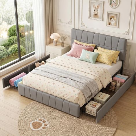Lit Double 160x200 cm en Velours Gris avec 4 Tiroirs - Tête de Lit et Sommier à Lattes Inclus - Style Scandinave (1/5)