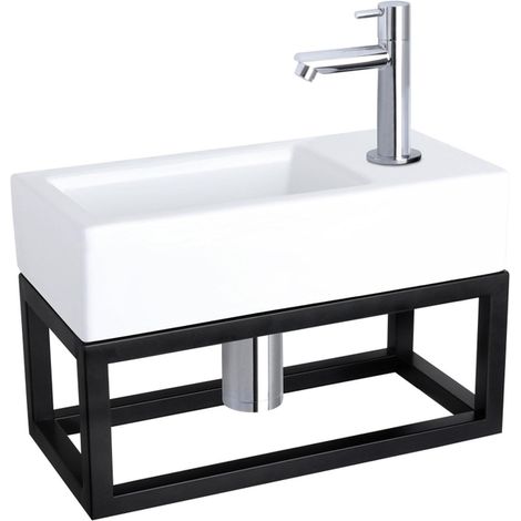 Differnz Ravo kit lave-mains - 38,5x18,5x25cm - Rectangulaire - 1 trou de robinet - Robinet chromé droit - avec cadre noir - Céramique blanche (1/5)