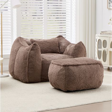 Canapé pouf adulte en fausse fourrure, dossier ergonomique, repose-pieds, rembourrage haute densité - kaki (1/5)