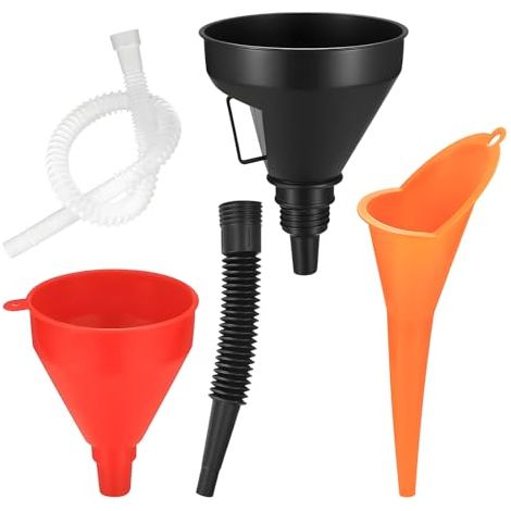 Ohleats Lot de 3 entonnoirs de voiture en plastique à large goulot avec long tuyau flexible, entonnoir à carburant universel avec buse amovible et filtre pour la plupart des véhicules, accessoires (1/5)