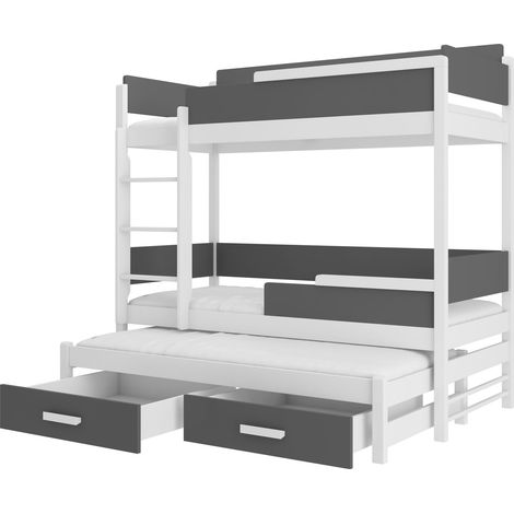 Lit superposé 3 places 90x200 KINZEY - 2 tiroirs de rangement et 3 sommiers-Gris anthracite (1/5)