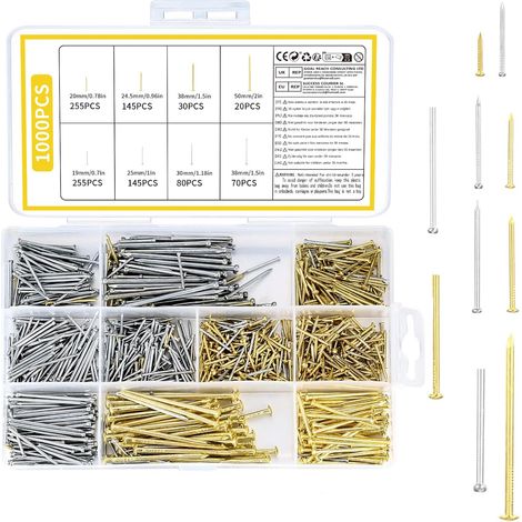 1000 Pièces Crochets pour Cadres Photo, Clous Muraux à Tête Ronde, Clous pour Suspension de Photos, Crochets Murals, Assortiment de Matériel pour Cadres Photo, Bois, Miroirs (1/5)