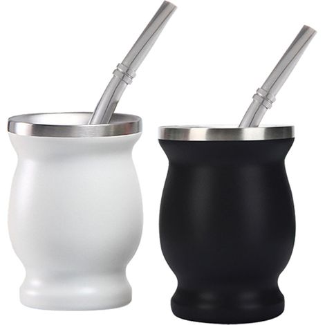 Neuer grenzüberschreitender Mate-Becher aus Edelstahl 304 mit doppelwandiger Vakuumisolierung, 23 cl, Mini-Mate-Becher aus Argentinien in Form einer bauchigen Kalebasse, schwarz. (1/5)