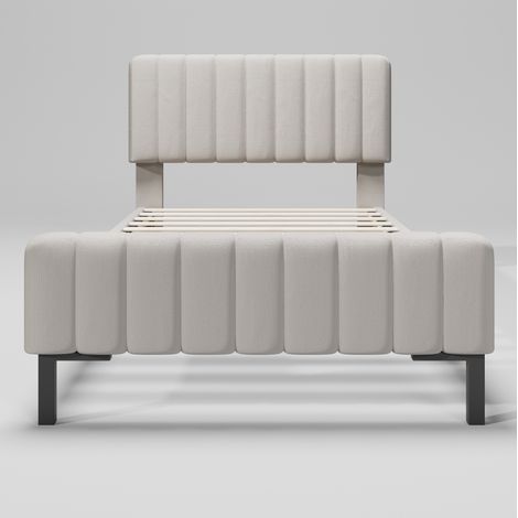 Polsterbett 90 x 200 cm mit Lattenrost, verstellbares Kopfteil, graubeiger Leinenstoff, MODENUIT (1/5)