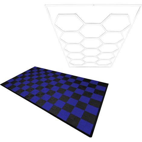 Piastrelle Modulari Ventilate 60 Nere & 60 Blu con Bordi & Illuminazione LED Esagonale 14 Luci Bianche 6500K 3 Opzioni di Montaggio Kit Soffitto Garage Singolo Pavimento 3,2m x 6m