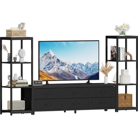 Meuble TV industriel pour salon, jusqu’à 75" - Console multimédia cadre métal - Rangement 6 tiroirs tissu + étagères ouvertes 4 niveaux - Noir (1/5)