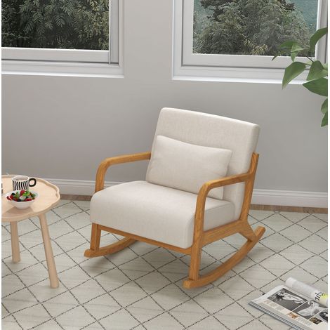 CHICFURN Sillón mecedora 64,5 x 92 x 81,5 cm de madera crema para salón y dormitorio (1/5)
