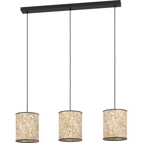 EGLO Hängelampe Butterburn, 3-flammige Pendelleuchte über Esstisch, Esszimmerlampe aus Metall in Schwarz und Textil mit Birkenblättern, Hängeleuchte mit E27 Fassung, 86 cm