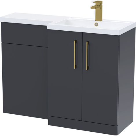 Balterley Right-Hand Bathroom Vanity and WC Unit Combination with Basin - 1100mm - Satin Dark Grey with Brushed Brass Handles