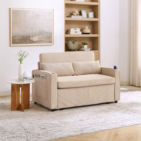 Sofa Sitzmöbel Schlafbett Holz Stoff Beige HAVRYA (1/5)